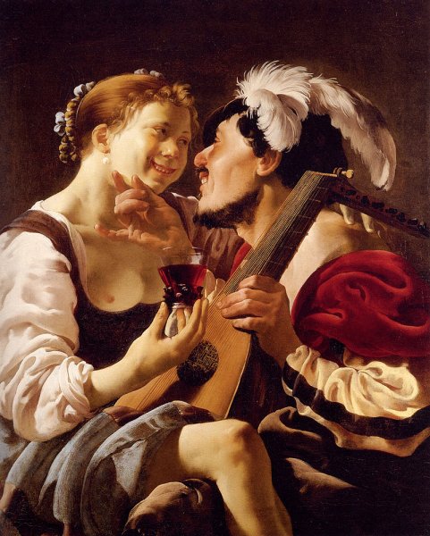 A Luteplayer Carousing With A Young Woman Holding A Roemer